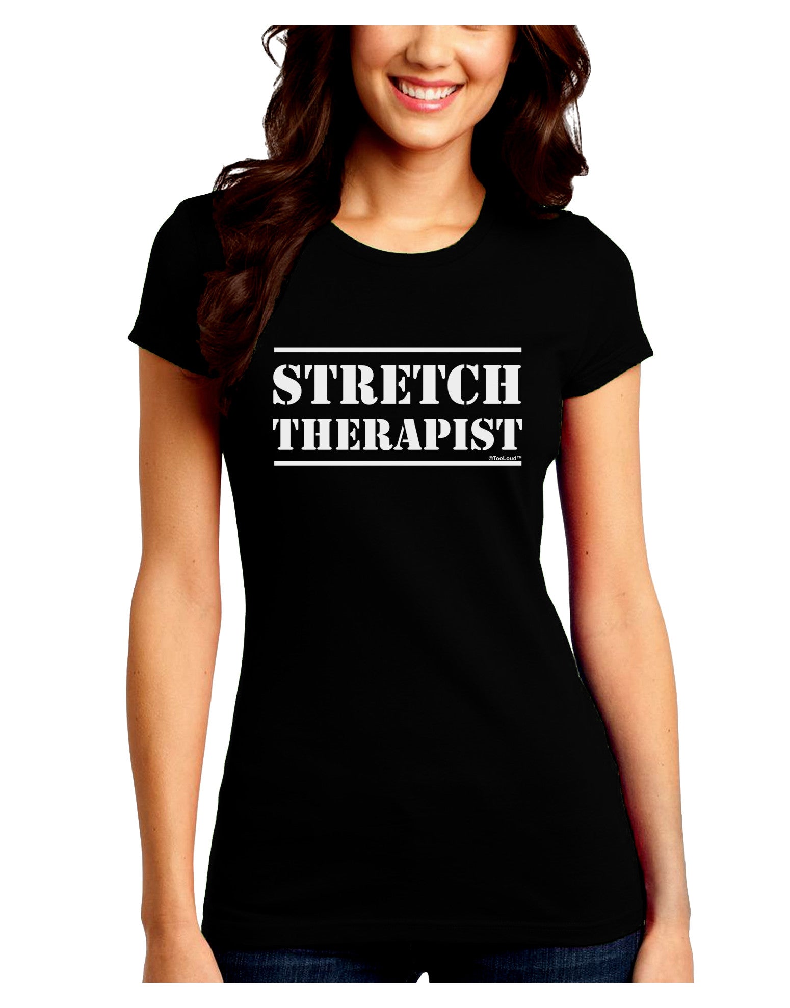 Stretch Therapist Text Juniors Petite Crew Dark T-Shirt-T-Shirts Juniors Tops-TooLoud-Black-Juniors Fitted Small-Davson Sales