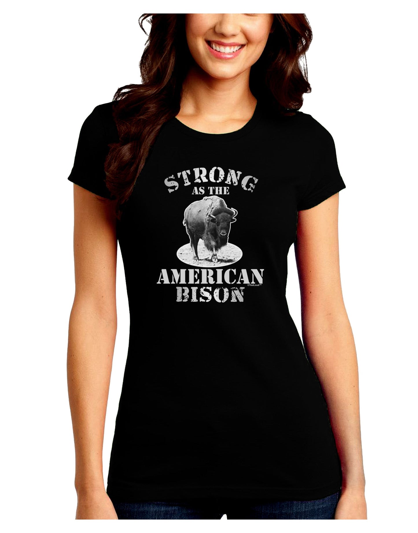 Strong Bison Text Juniors Petite Crew Dark T-Shirt-T-Shirts Juniors Tops-TooLoud-Black-Juniors Fitted Small-Davson Sales