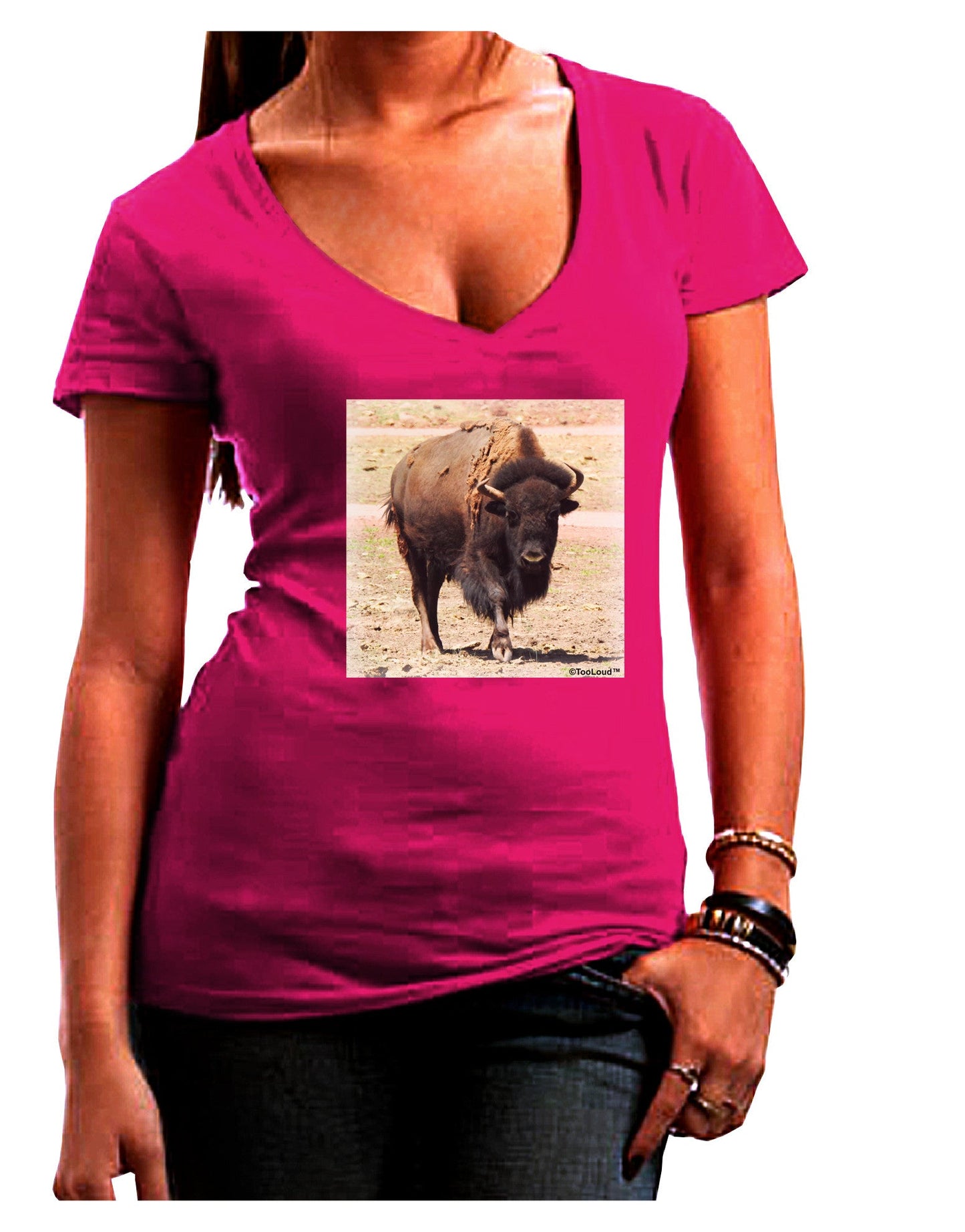 Strong Bison Womens V-Neck Dark T-Shirt-Womens V-Neck T-Shirts-TooLoud-Hot-Pink-Juniors Fitted Small-Davson Sales