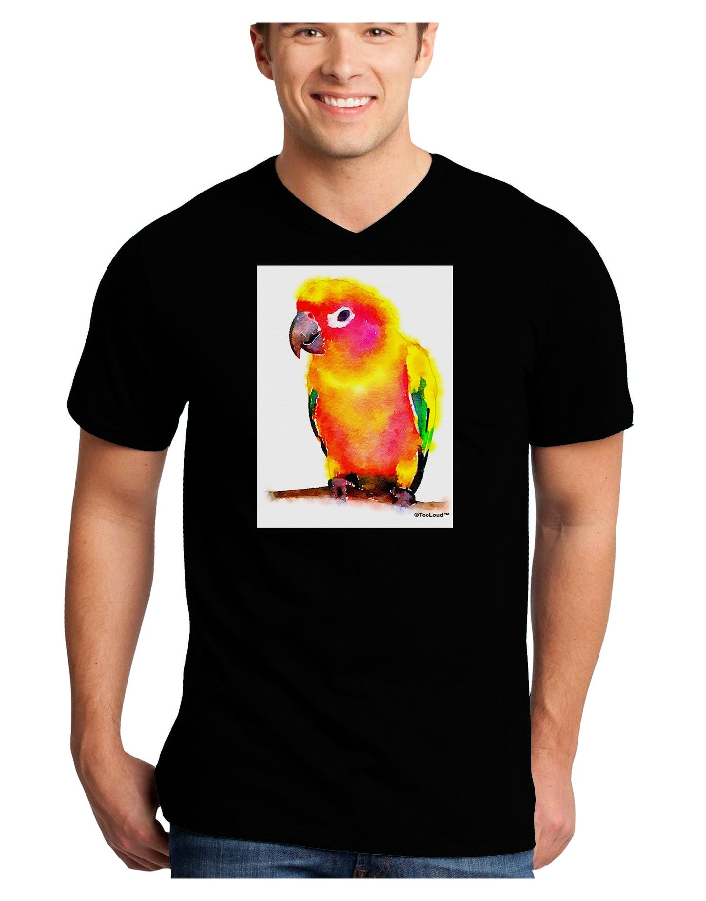 Sun Conure Parrot Watercolor Adult Dark V-Neck T-Shirt-TooLoud-Black-Small-Davson Sales