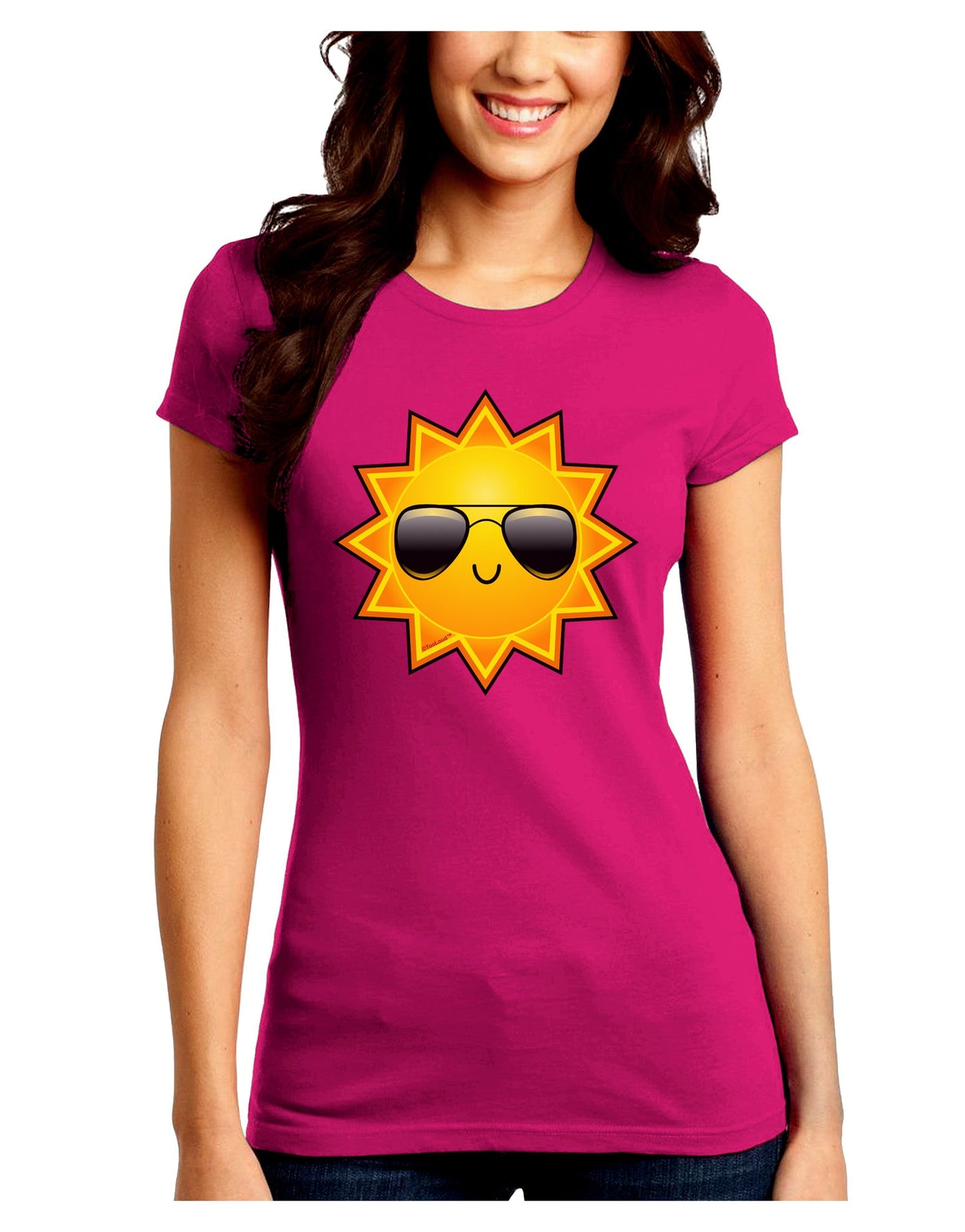 Sun With Sunglasses Dark Juniors Petite Crew Dark T-Shirt-T-Shirts Juniors Tops-TooLoud-Hot-Pink-Juniors Fitted Small-Davson Sales