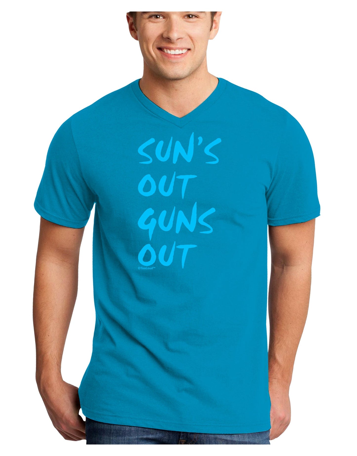 Suns Out Guns Out - Blue Adult Dark V-Neck T-Shirt-TooLoud-Turquoise-Small-Davson Sales