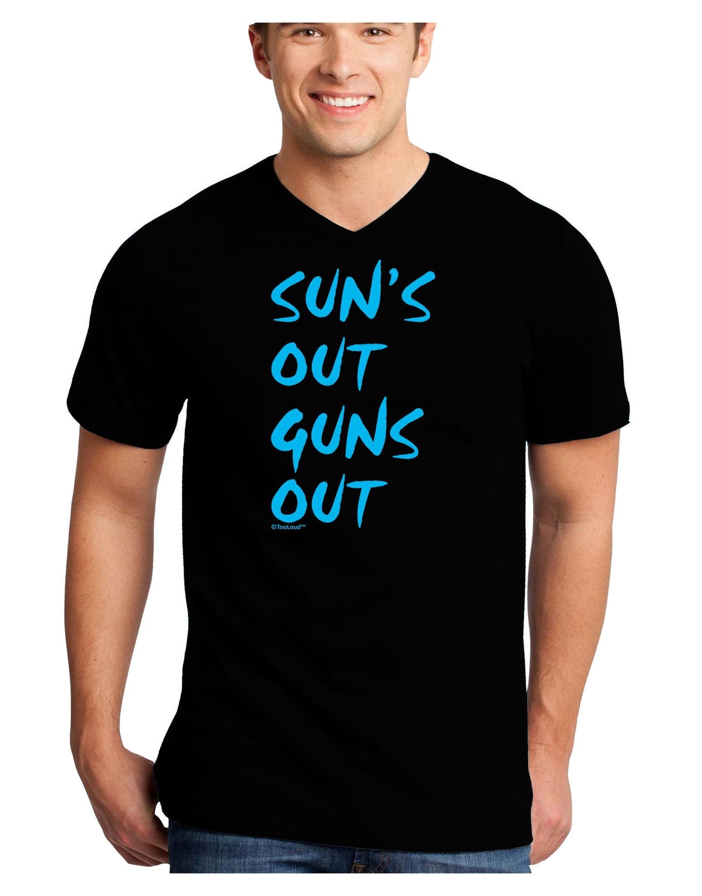 Suns Out Guns Out - Blue Adult Dark V-Neck T-Shirt-TooLoud-Black-Small-Davson Sales