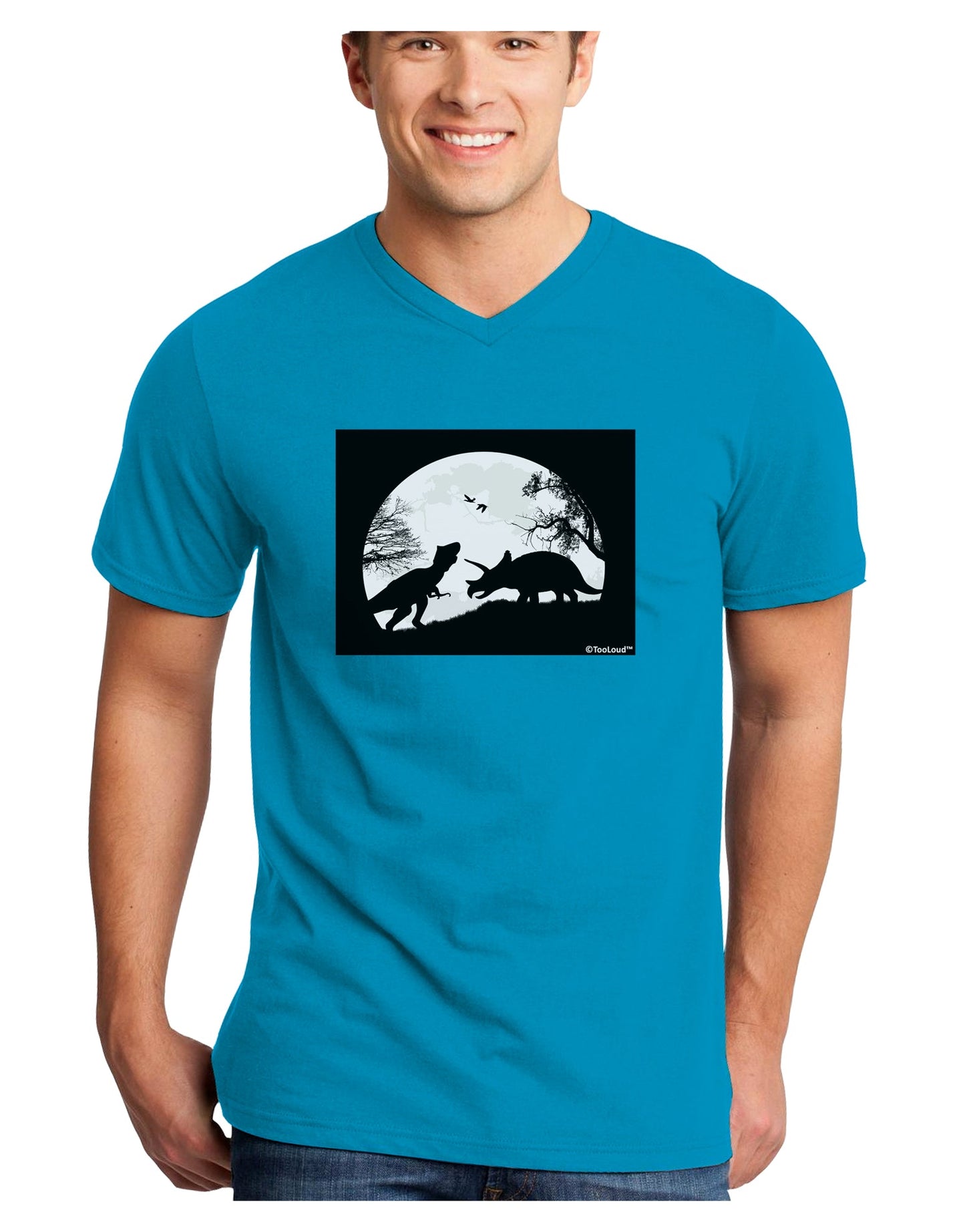 T-Rex and Triceratops Silhouettes Design Adult Dark V-Neck T-Shirt by TooLoud-Mens V-Neck T-Shirt-TooLoud-Turquoise-Small-Davson Sales