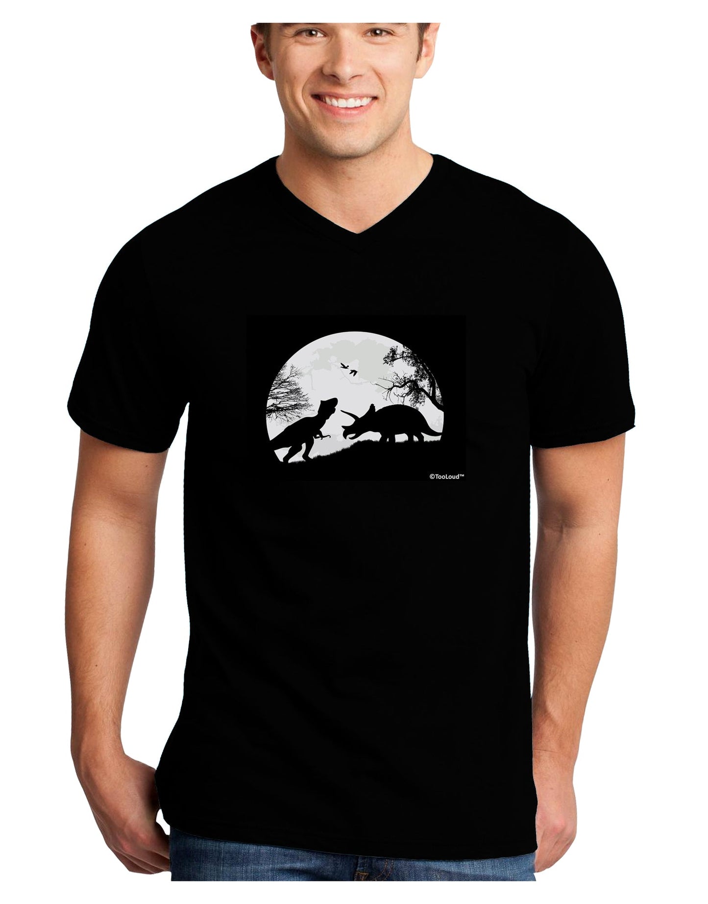 T-Rex and Triceratops Silhouettes Design Adult Dark V-Neck T-Shirt by TooLoud-Mens V-Neck T-Shirt-TooLoud-Black-Small-Davson Sales