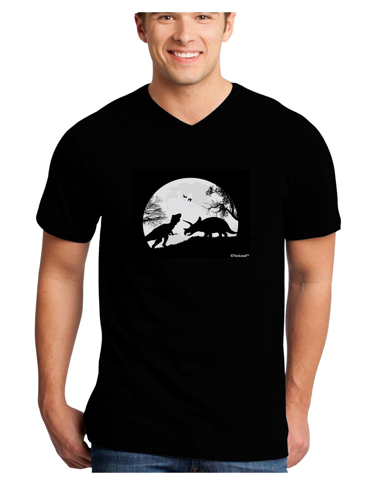 T-Rex and Triceratops Silhouettes Design Adult Dark V-Neck T-Shirt by TooLoud-Mens V-Neck T-Shirt-TooLoud-Black-Small-Davson Sales