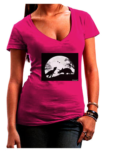 T-Rex and Triceratops Silhouettes Design Juniors V-Neck Dark T-Shirt by TooLoud-Womens V-Neck T-Shirts-TooLoud-Hot-Pink-Juniors Fitted Small-Davson Sales