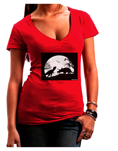 T-Rex and Triceratops Silhouettes Design Juniors V-Neck Dark T-Shirt by TooLoud-Womens V-Neck T-Shirts-TooLoud-Red-Juniors Fitted Small-Davson Sales