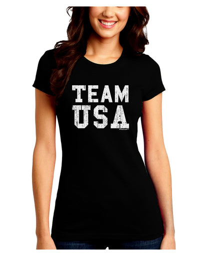 Team USA Distressed Text Juniors Crew Dark T-Shirt-T-Shirts Juniors Tops-TooLoud-Black-Juniors Fitted Small-Davson Sales