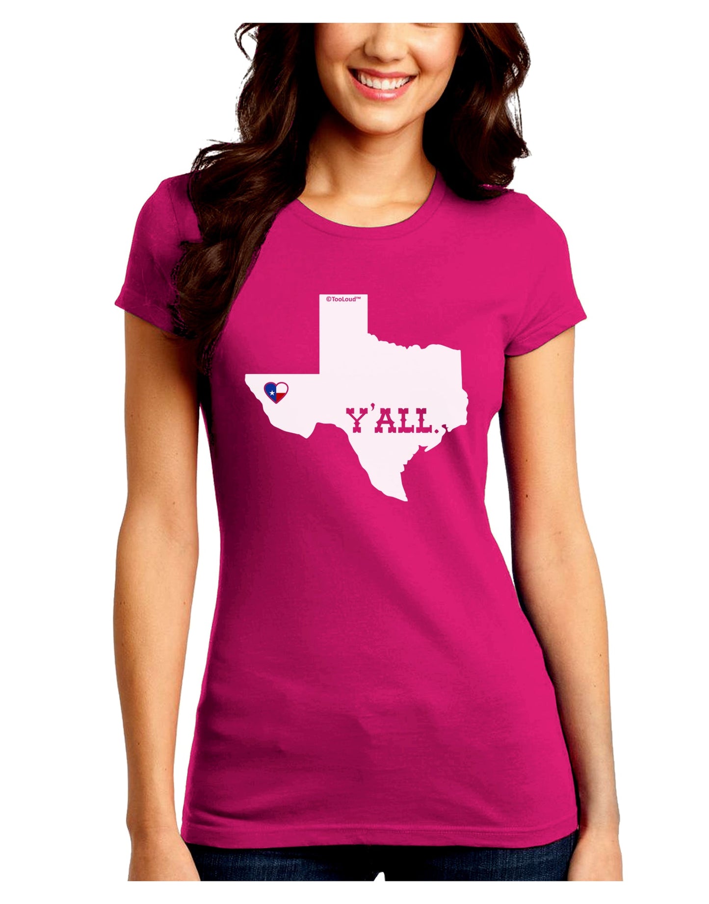 Texas State Y'all Design with Flag Heart Juniors Crew Dark T-Shirt by TooLoud-T-Shirts Juniors Tops-TooLoud-Hot-Pink-Juniors Fitted Small-Davson Sales