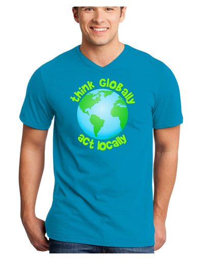 Think Globally Act Locally - Globe Adult Dark V-Neck T-Shirt-TooLoud-Turquoise-Small-Davson Sales