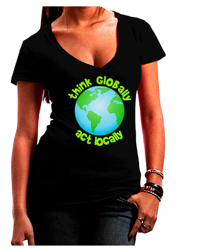 Think Globally Act Locally - Globe Juniors V-Neck Dark T-Shirt-Womens V-Neck T-Shirts-TooLoud-Black-Juniors Fitted Small-Davson Sales