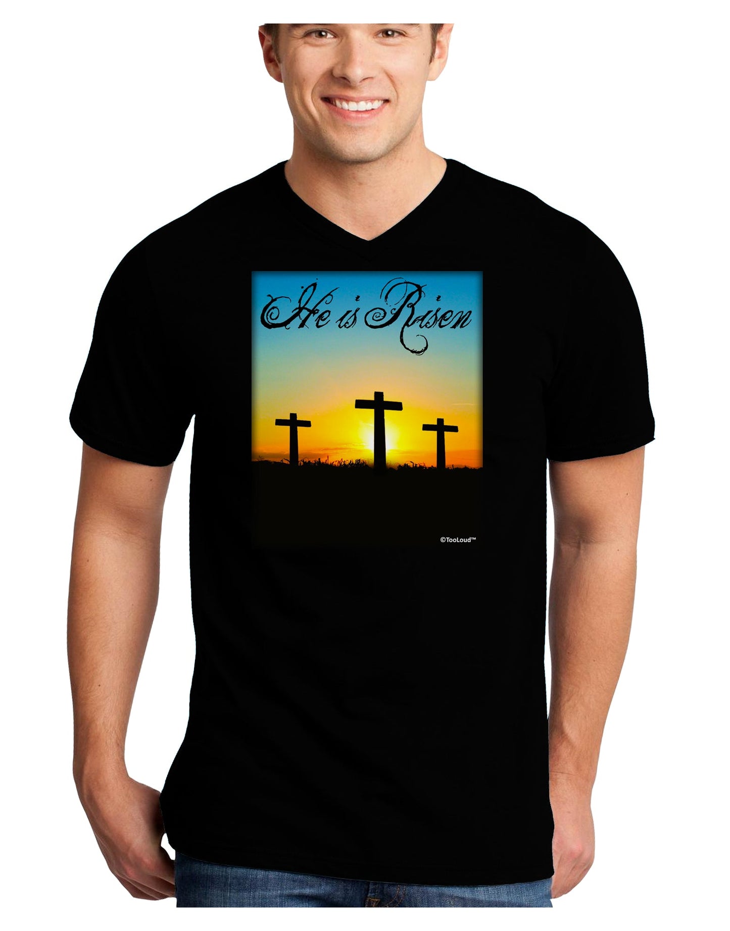Three Crosses Sunrise - He Is Risen Adult Dark V-Neck T-Shirt by TooLoud-Mens V-Neck T-Shirt-TooLoud-Black-Small-Davson Sales