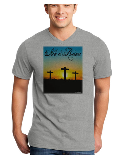 Three Crosses Sunrise - He Is Risen Adult V-Neck T-shirt by TooLoud-Mens V-Neck T-Shirt-TooLoud-HeatherGray-Small-Davson Sales