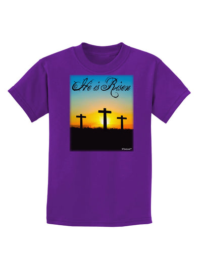 Three Crosses Sunrise - He Is Risen Childrens Dark T-Shirt by TooLoud-Childrens T-Shirt-TooLoud-Purple-X-Small-Davson Sales