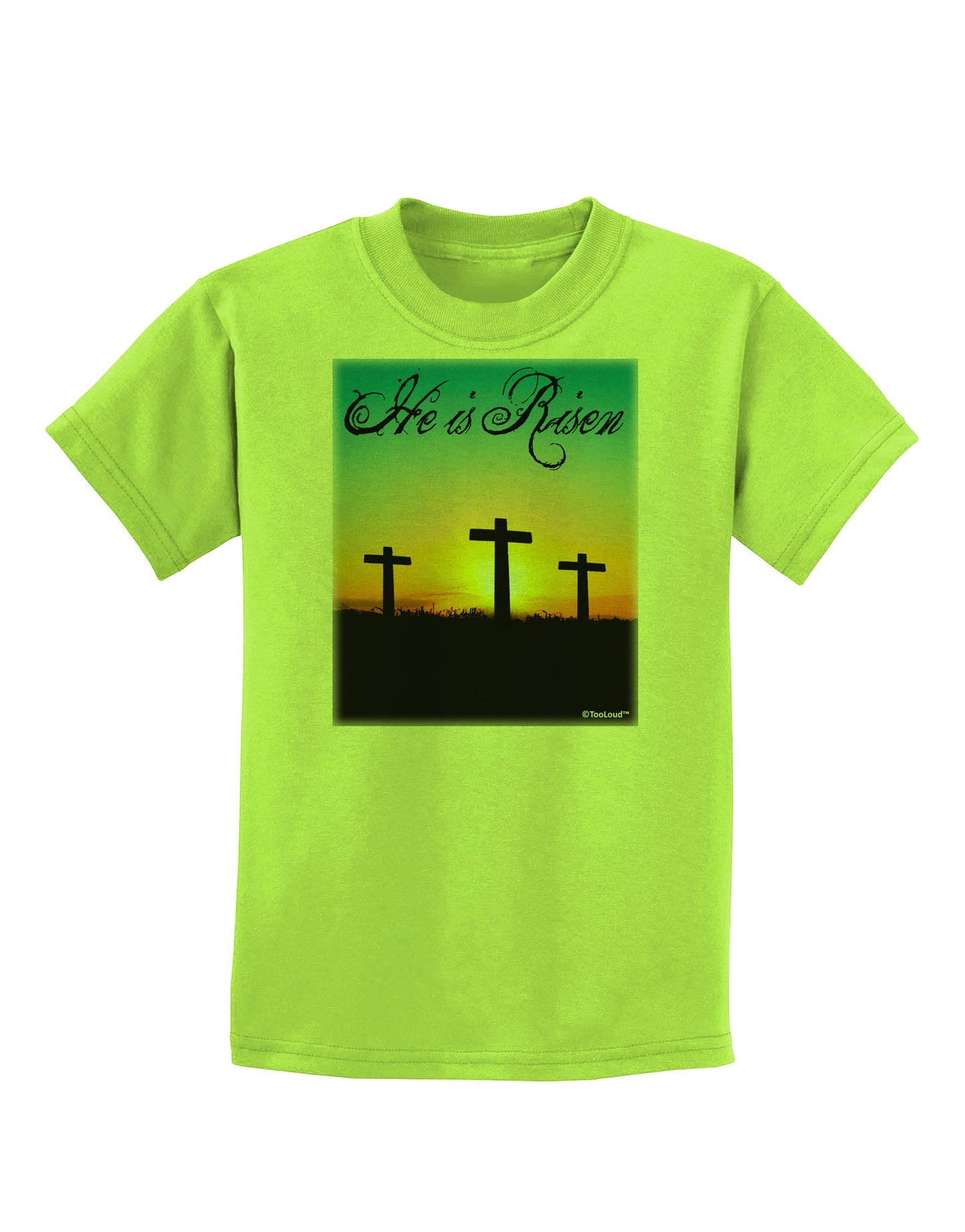 Three Crosses Sunrise - He Is Risen Childrens T-Shirt by TooLoud-Childrens T-Shirt-TooLoud-Lime-Green-X-Small-Davson Sales