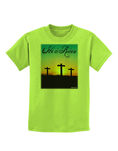 Three Crosses Sunrise - He Is Risen Childrens T-Shirt by TooLoud-Childrens T-Shirt-TooLoud-Lime-Green-X-Small-Davson Sales