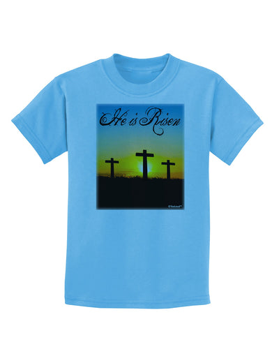 Three Crosses Sunrise - He Is Risen Childrens T-Shirt by TooLoud-Childrens T-Shirt-TooLoud-Aquatic-Blue-X-Small-Davson Sales