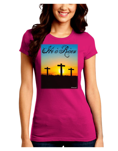 Three Crosses Sunrise - He Is Risen Juniors Crew Dark T-Shirt by TooLoud-T-Shirts Juniors Tops-TooLoud-Hot-Pink-Juniors Fitted Small-Davson Sales