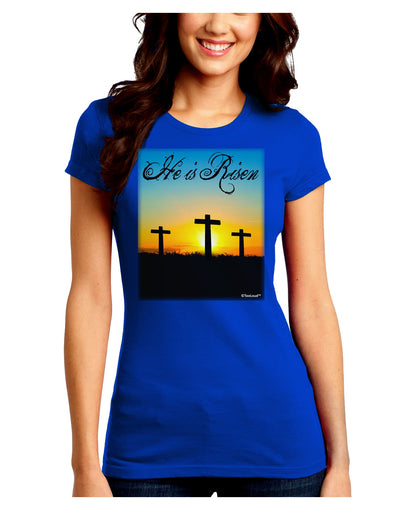 Three Crosses Sunrise - He Is Risen Juniors Crew Dark T-Shirt by TooLoud-T-Shirts Juniors Tops-TooLoud-Royal-Blue-Juniors Fitted Small-Davson Sales