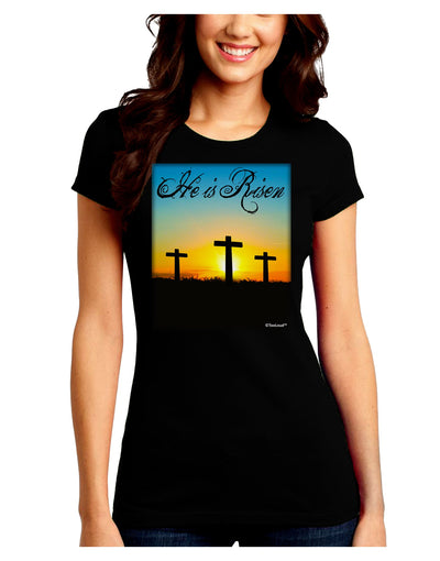 Three Crosses Sunrise - He Is Risen Juniors Crew Dark T-Shirt by TooLoud-T-Shirts Juniors Tops-TooLoud-Black-Juniors Fitted Small-Davson Sales