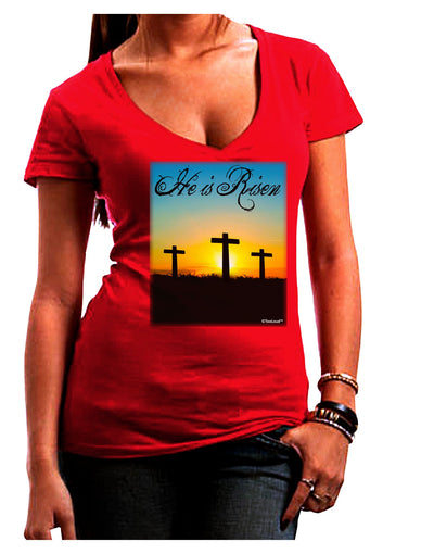 Three Crosses Sunrise - He Is Risen Juniors V-Neck Dark T-Shirt by TooLoud-Womens V-Neck T-Shirts-TooLoud-Red-Juniors Fitted Small-Davson Sales