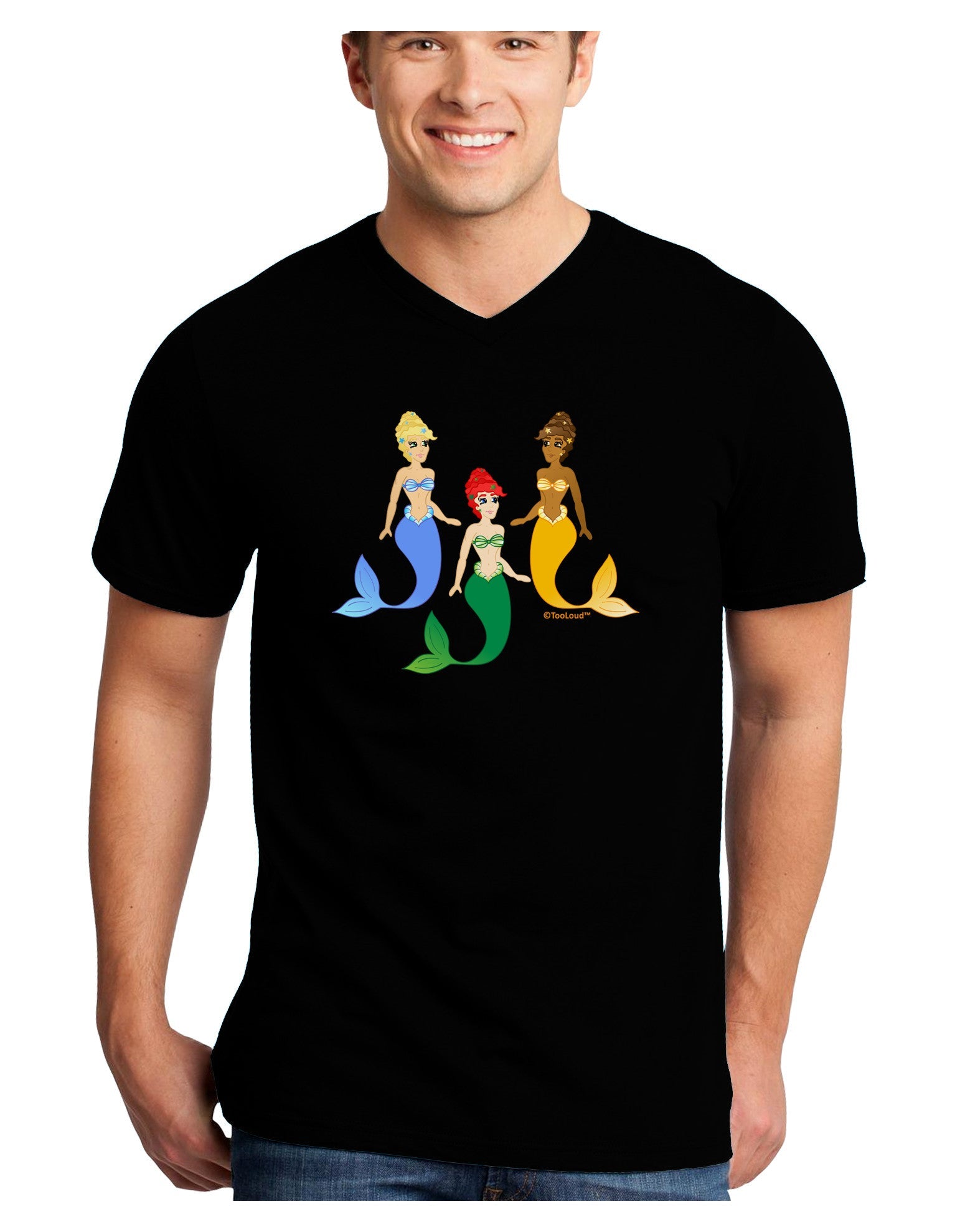 Three Mermaids Adult Dark V-Neck T-Shirt-TooLoud-Black-Small-Davson Sales