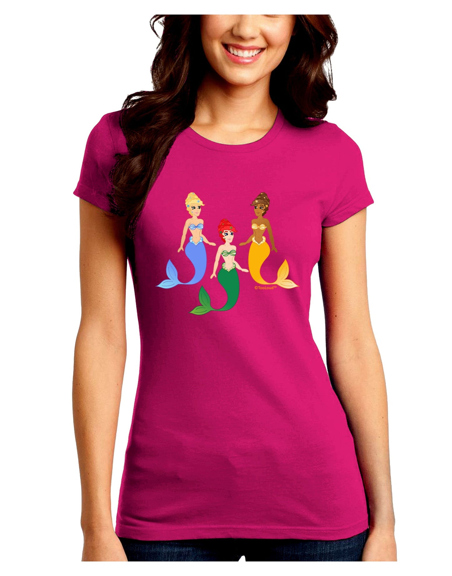 Three Mermaids Juniors Crew Dark T-Shirt-T-Shirts Juniors Tops-TooLoud-Hot-Pink-Juniors Fitted Small-Davson Sales