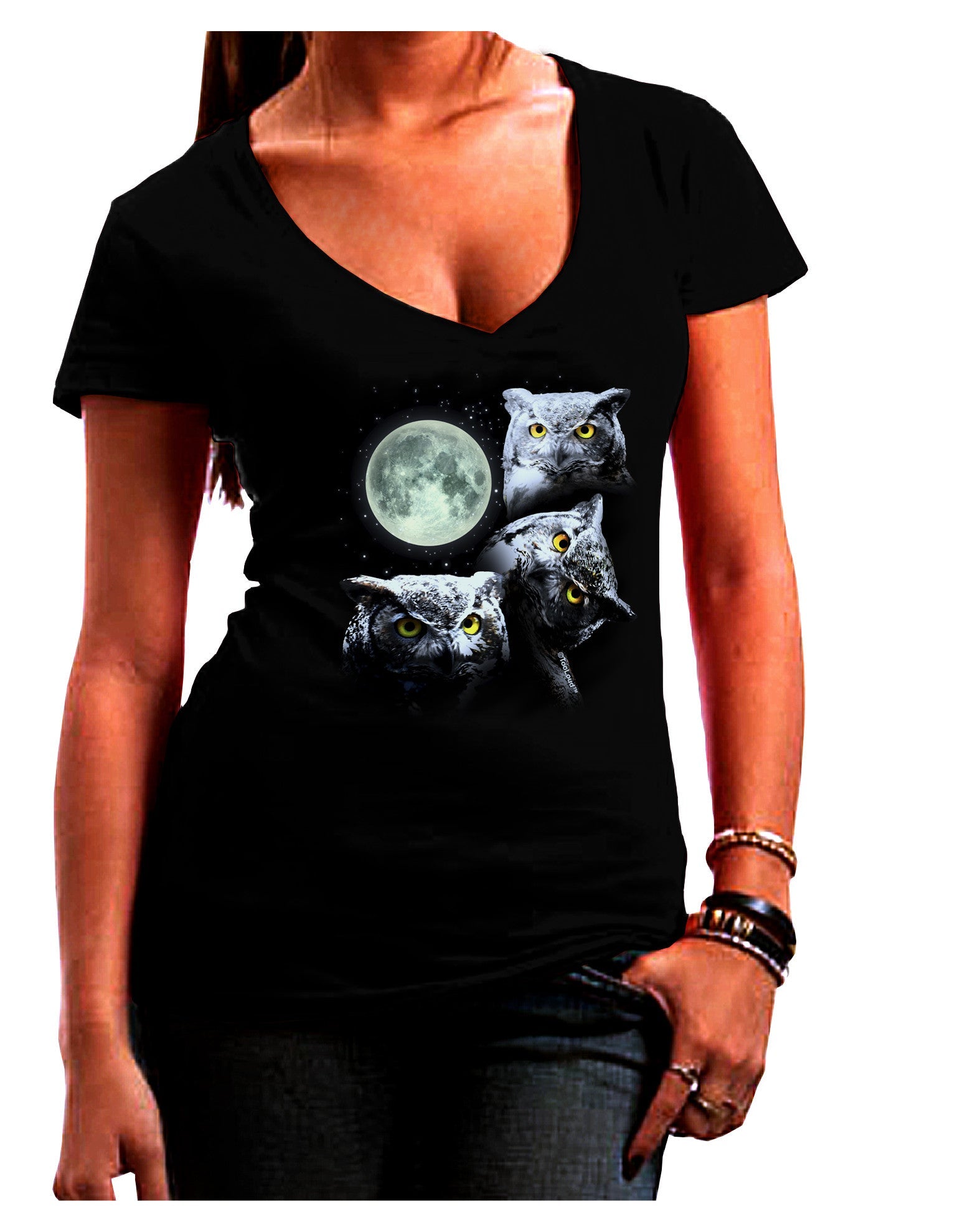 Three Owls and Moon Womens V-Neck Dark T-Shirt-Womens V-Neck T-Shirts-TooLoud-Black-Juniors Fitted Small-Davson Sales