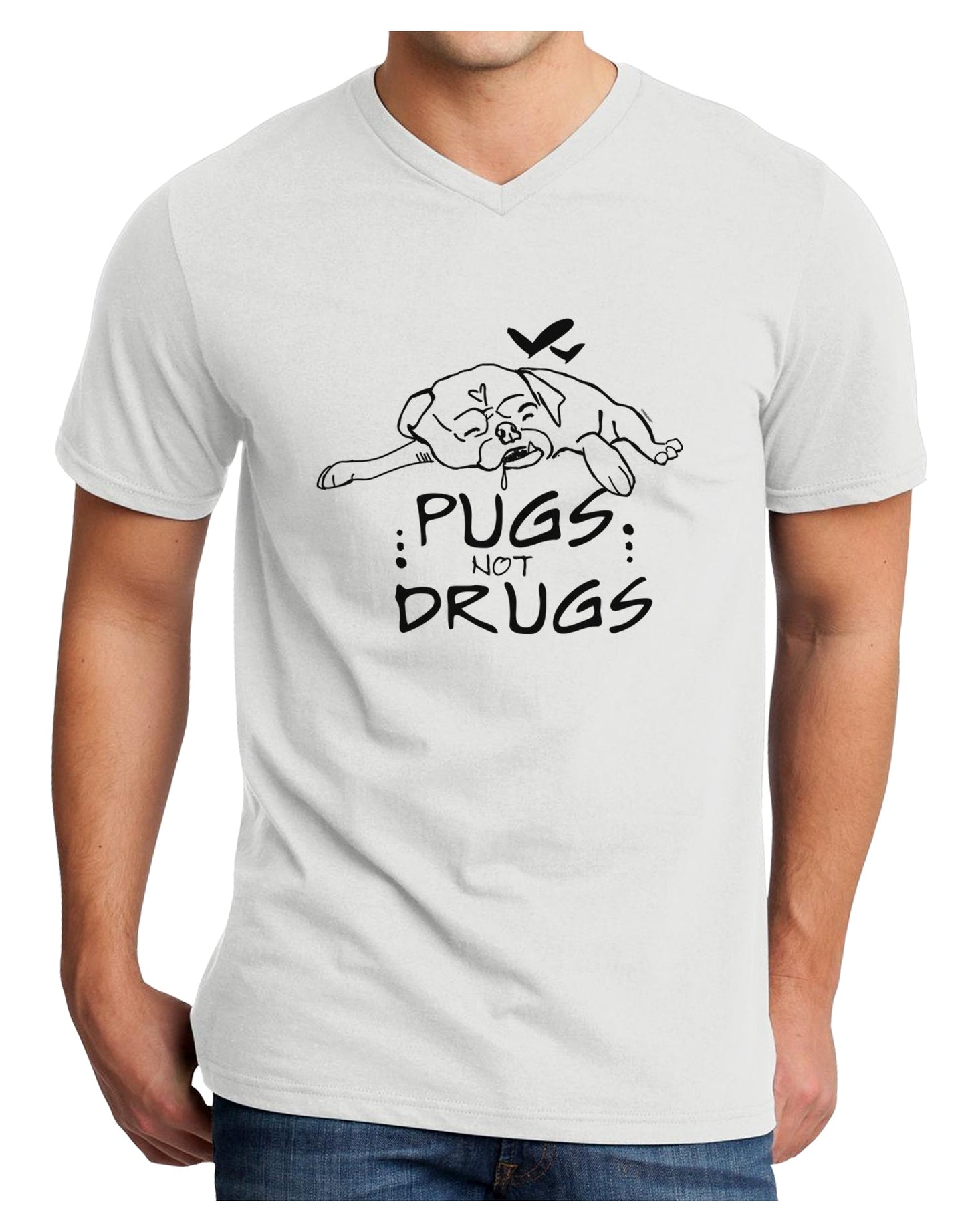 TooLoud Pugs Not Drugs Adult V-Neck T-shirt-Mens V-Neck T-Shirt-TooLoud-White-Small-Davson Sales