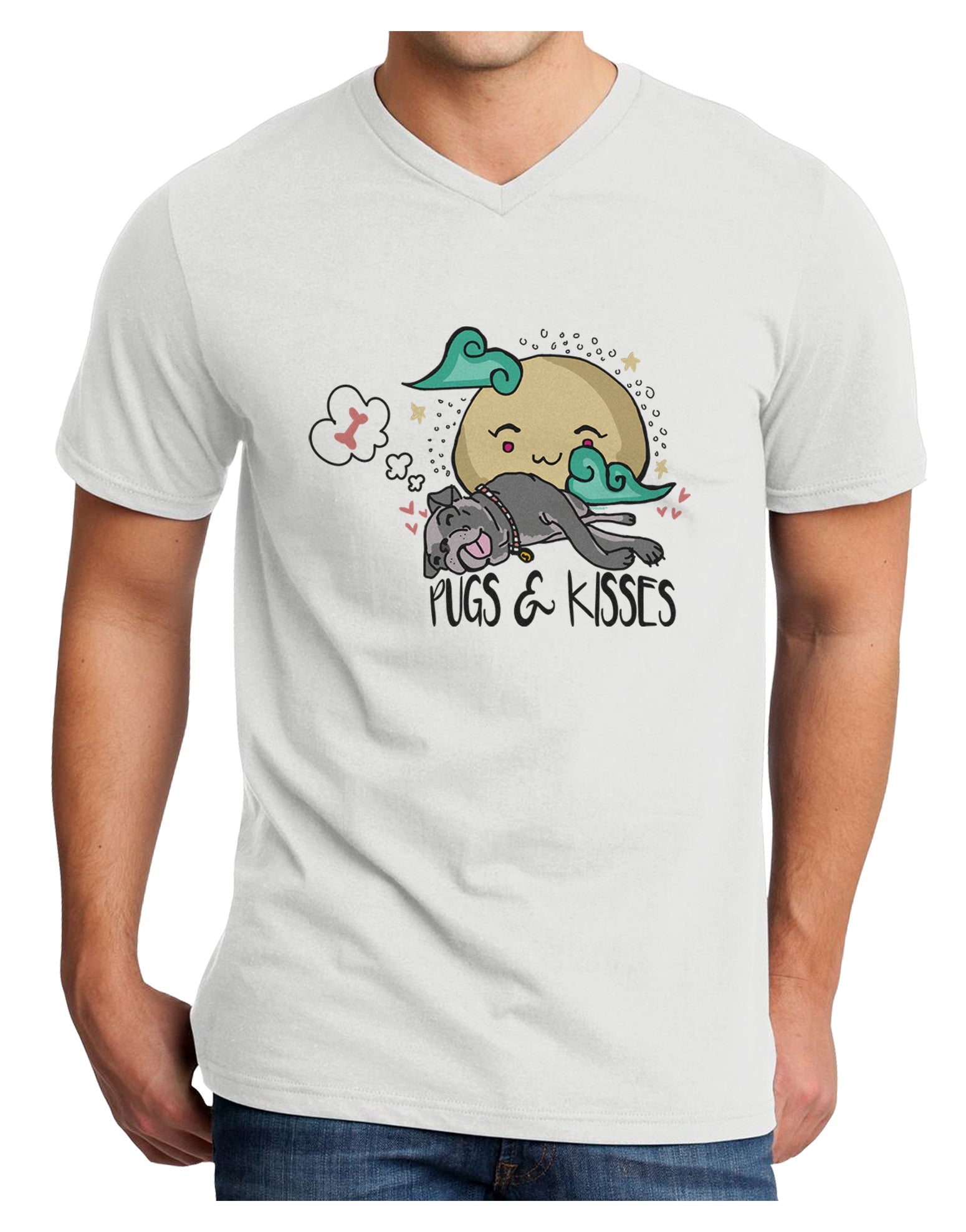 TooLoud Pugs and Kisses Adult V-Neck T-shirt-Mens V-Neck T-Shirt-TooLoud-White-Small-Davson Sales