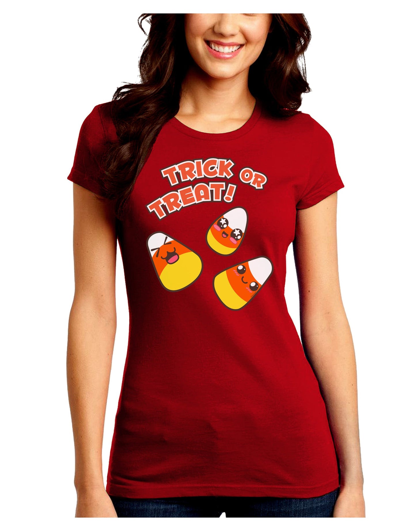 TooLoud Trick or Treat Cute Candy Corn Halloween Juniors Crew Dark T-Shirt-T-Shirts Juniors Tops-TooLoud-Red-Juniors Fitted Small-Davson Sales