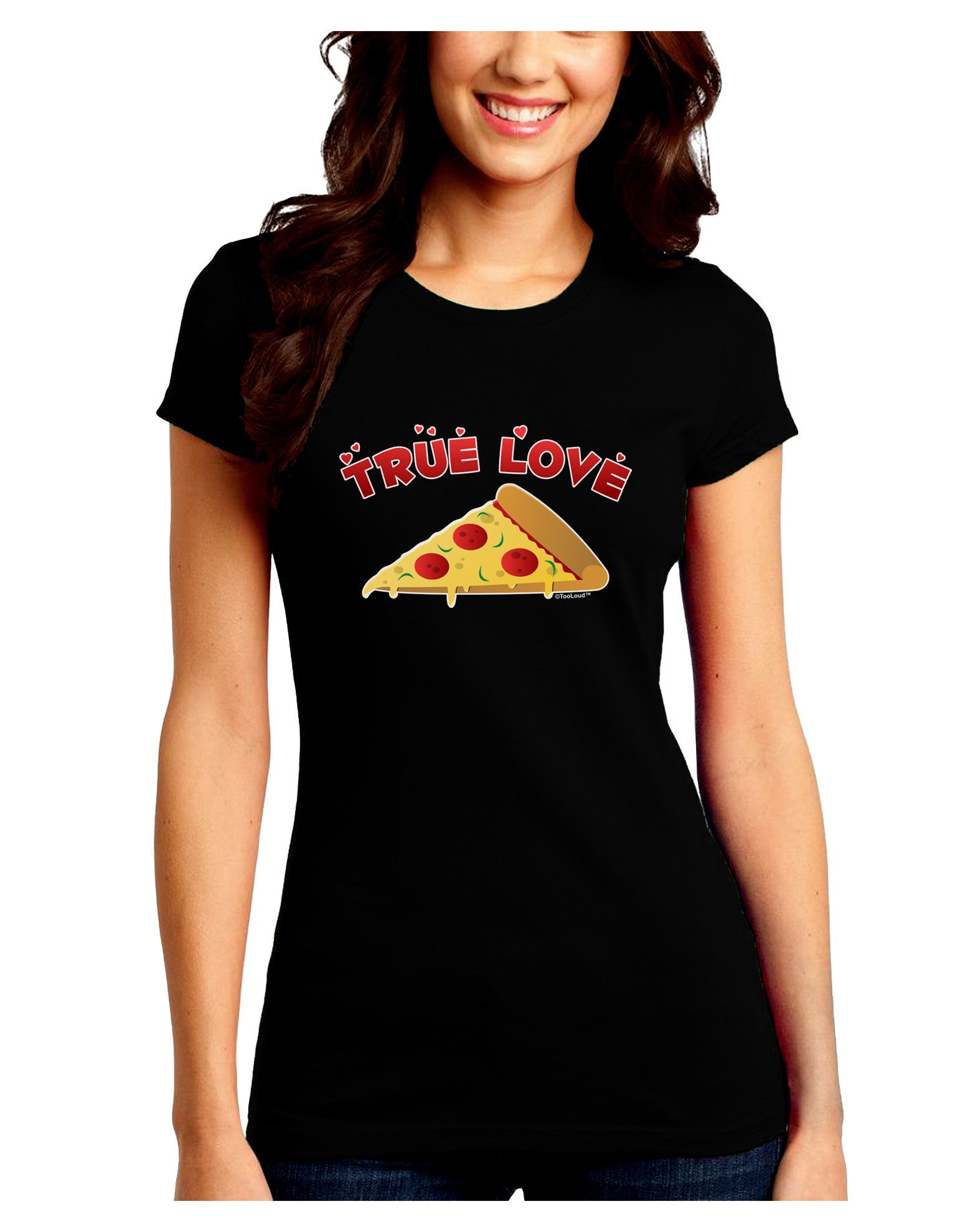 TooLoud True Love - Pizza Juniors Petite Crew Dark T-Shirt-T-Shirts Juniors Tops-TooLoud-Black-Juniors Fitted Small-Davson Sales