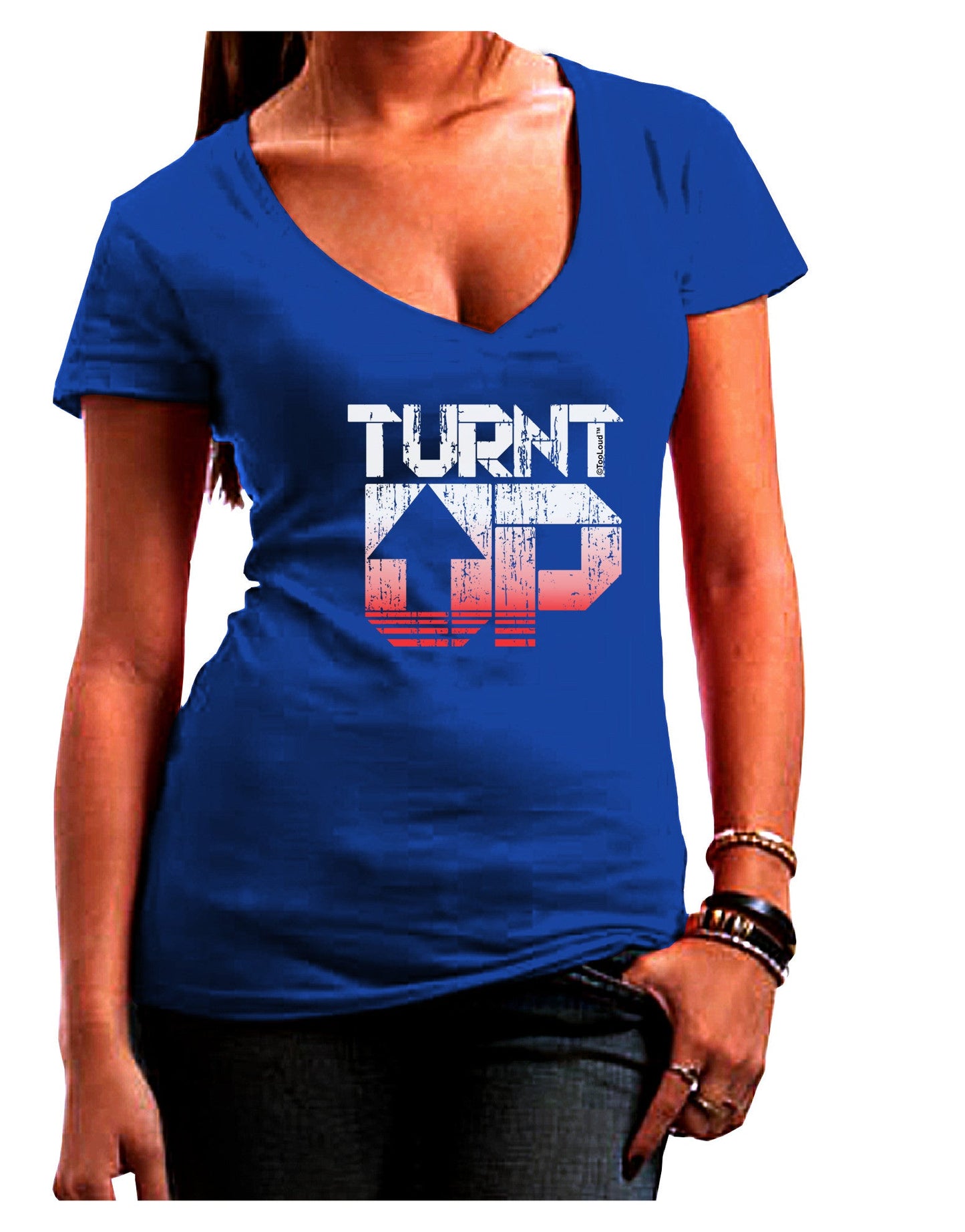 TooLoud Turnt Up Distressed Womens V-Neck Dark T-Shirt-Womens V-Neck T-Shirts-TooLoud-Royal-Blue-Juniors Fitted Small-Davson Sales