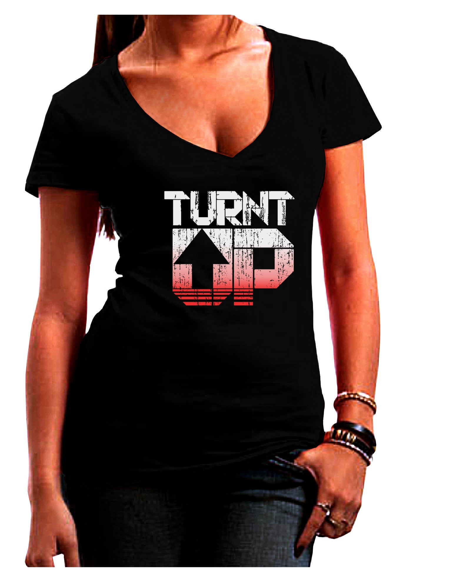 TooLoud Turnt Up Distressed Womens V-Neck Dark T-Shirt-Womens V-Neck T-Shirts-TooLoud-Black-Juniors Fitted Small-Davson Sales