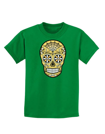 TooLoud Version 8 Gold Day of the Dead Calavera Childrens Dark T-Shirt-Childrens T-Shirt-TooLoud-Kelly-Green-X-Small-Davson Sales