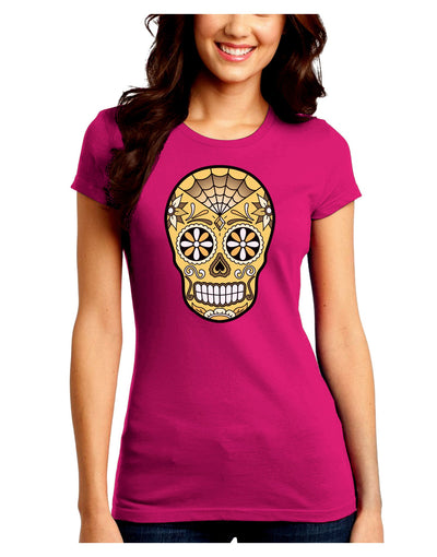 TooLoud Version 8 Gold Day of the Dead Calavera Juniors Crew Dark T-Shirt-T-Shirts Juniors Tops-TooLoud-Hot-Pink-Juniors Fitted Small-Davson Sales