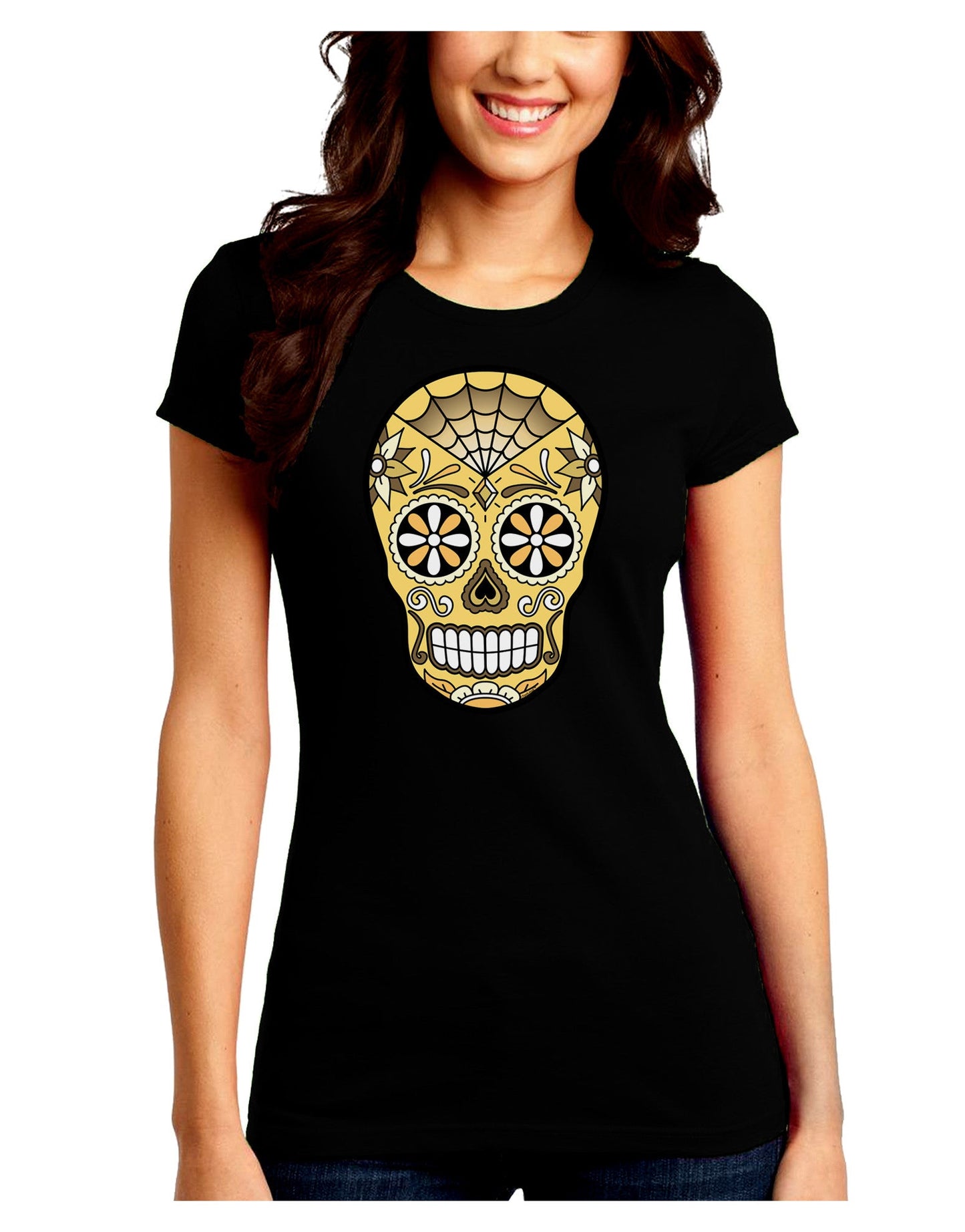 TooLoud Version 8 Gold Day of the Dead Calavera Juniors Crew Dark T-Shirt-T-Shirts Juniors Tops-TooLoud-Black-Juniors Fitted Small-Davson Sales