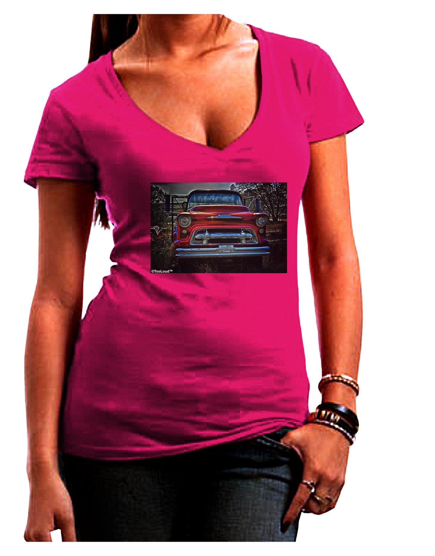 TooLoud Vintage Truck Womens V-Neck Dark T-Shirt-Womens V-Neck T-Shirts-TooLoud-Hot-Pink-Juniors Fitted Small-Davson Sales