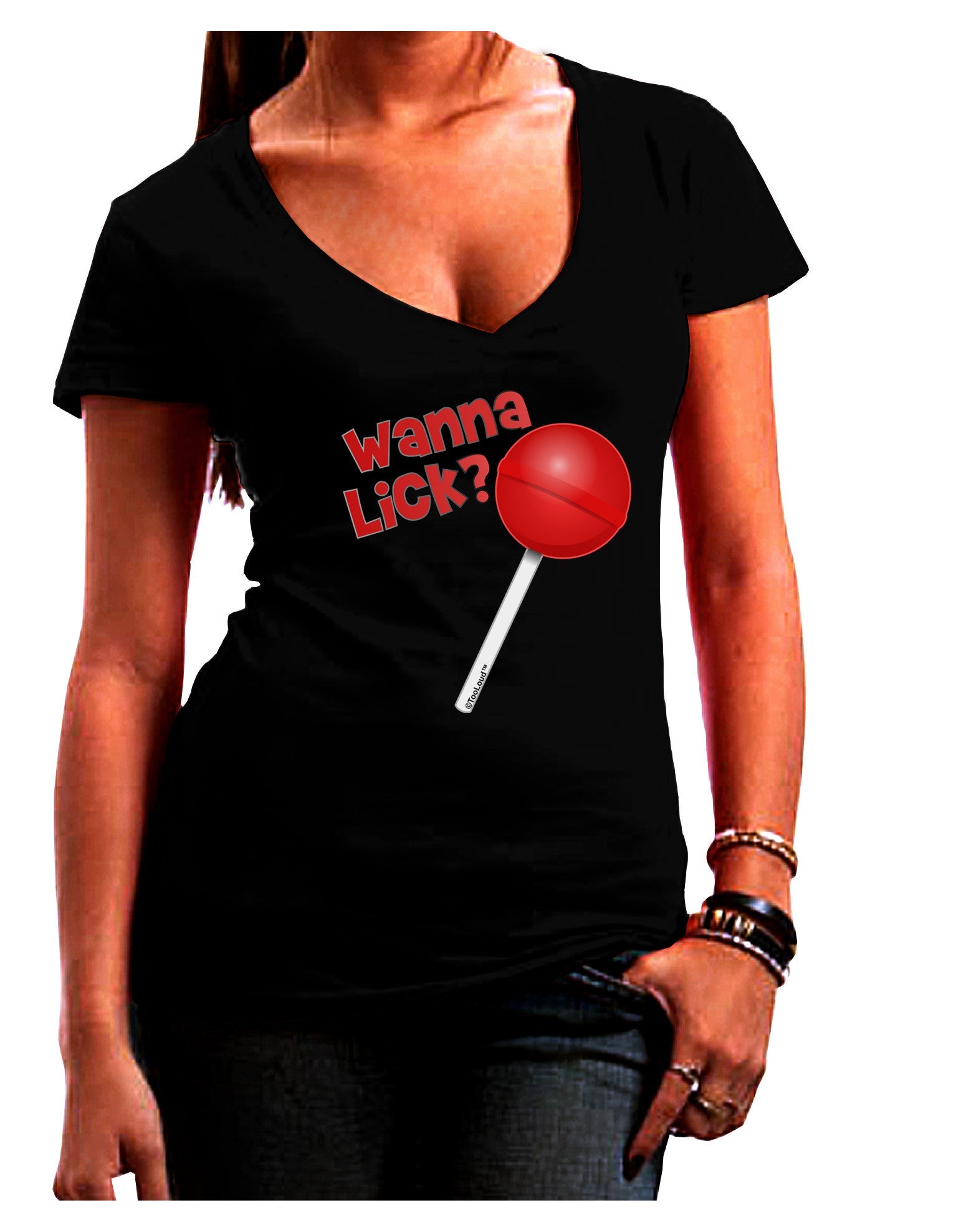 TooLoud Wanna Lick Lollipop Womens V-Neck Dark T-Shirt-Womens V-Neck T-Shirts-TooLoud-Black-Juniors Fitted Small-Davson Sales