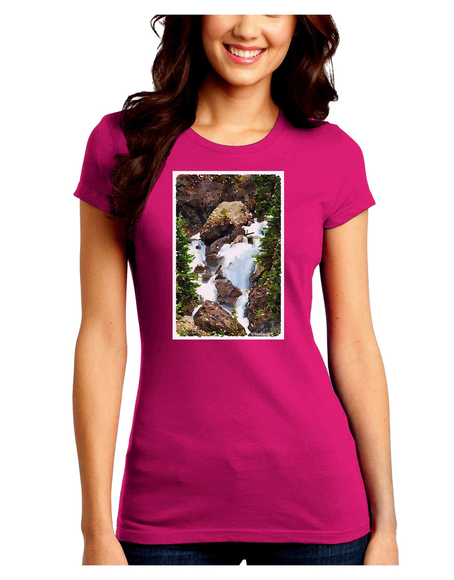 TooLoud Waterfall Watercolor Juniors Crew Dark T-Shirt-T-Shirts Juniors Tops-TooLoud-Hot-Pink-Juniors Fitted Small-Davson Sales