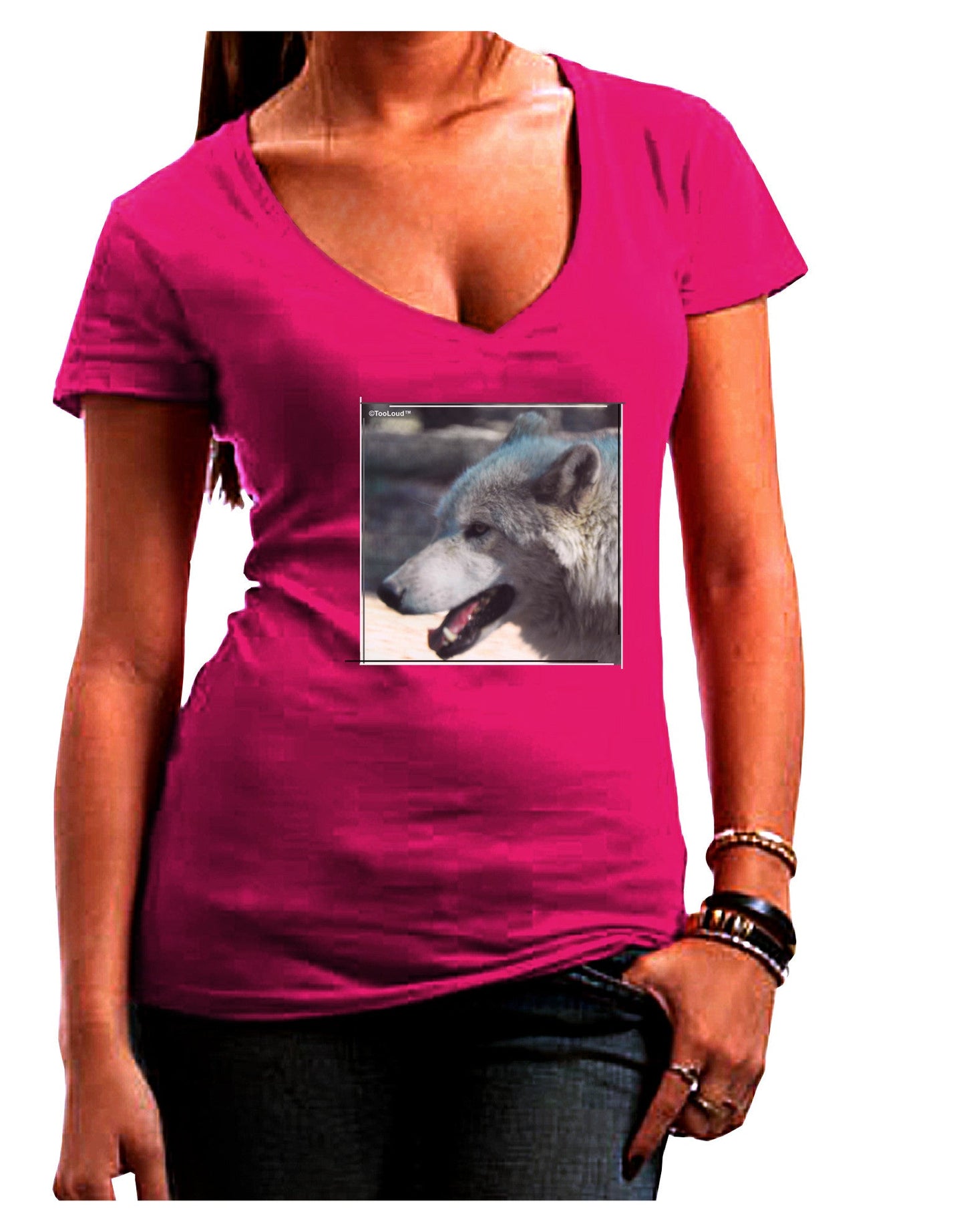 TooLoud White Wolf Face Womens V-Neck Dark T-Shirt-Womens V-Neck T-Shirts-TooLoud-Hot-Pink-Juniors Fitted Small-Davson Sales