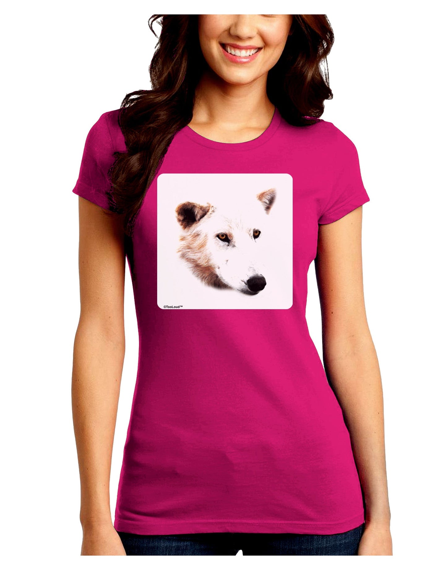 TooLoud White Wolf Head Cutout Juniors Petite Crew Dark T-Shirt-T-Shirts Juniors Tops-TooLoud-Hot-Pink-Juniors Fitted Small-Davson Sales