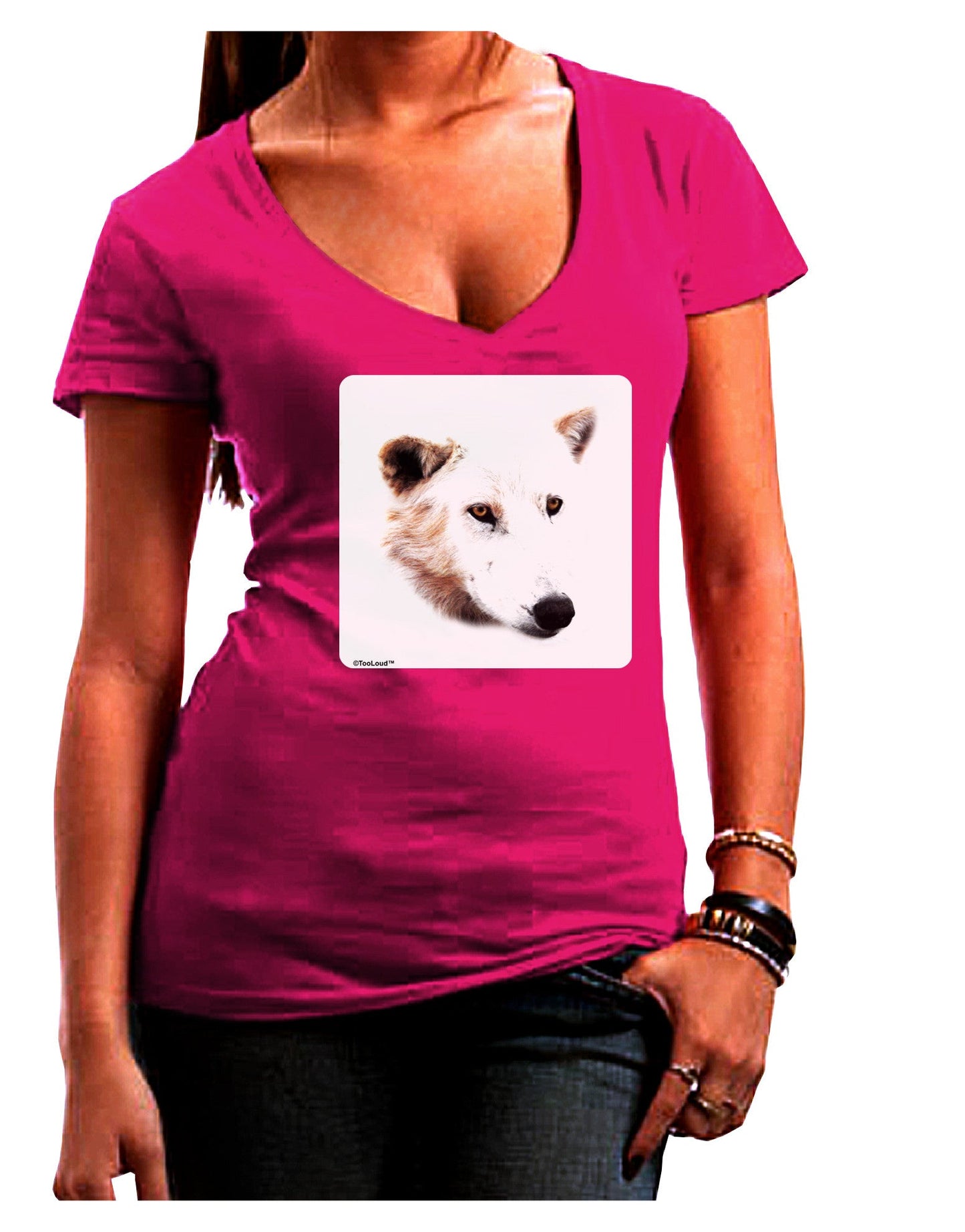 TooLoud White Wolf Head Cutout Womens V-Neck Dark T-Shirt-Womens V-Neck T-Shirts-TooLoud-Hot-Pink-Juniors Fitted Small-Davson Sales