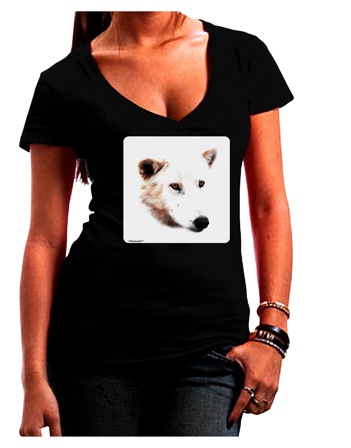 TooLoud White Wolf Head Cutout Womens V-Neck Dark T-Shirt-Womens V-Neck T-Shirts-TooLoud-Black-Juniors Fitted Small-Davson Sales