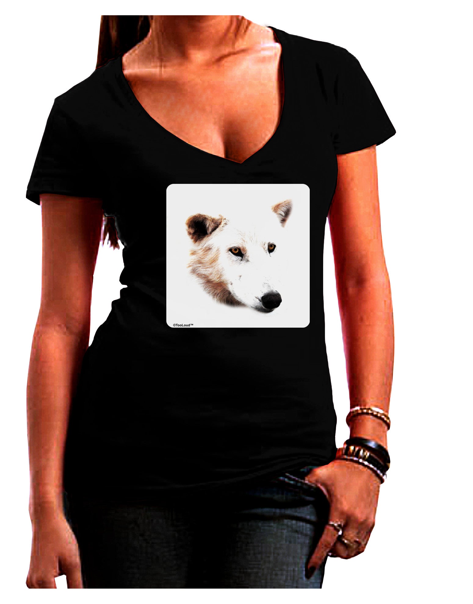 TooLoud White Wolf Head Cutout Womens V-Neck Dark T-Shirt-Womens V-Neck T-Shirts-TooLoud-Black-Juniors Fitted Small-Davson Sales