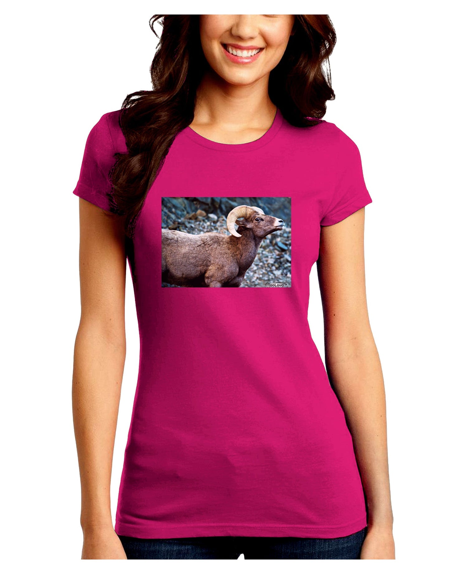 TooLoud Wide Eyed Big Horn Juniors Petite Crew Dark T-Shirt-T-Shirts Juniors Tops-TooLoud-Hot-Pink-Juniors Fitted Small-Davson Sales