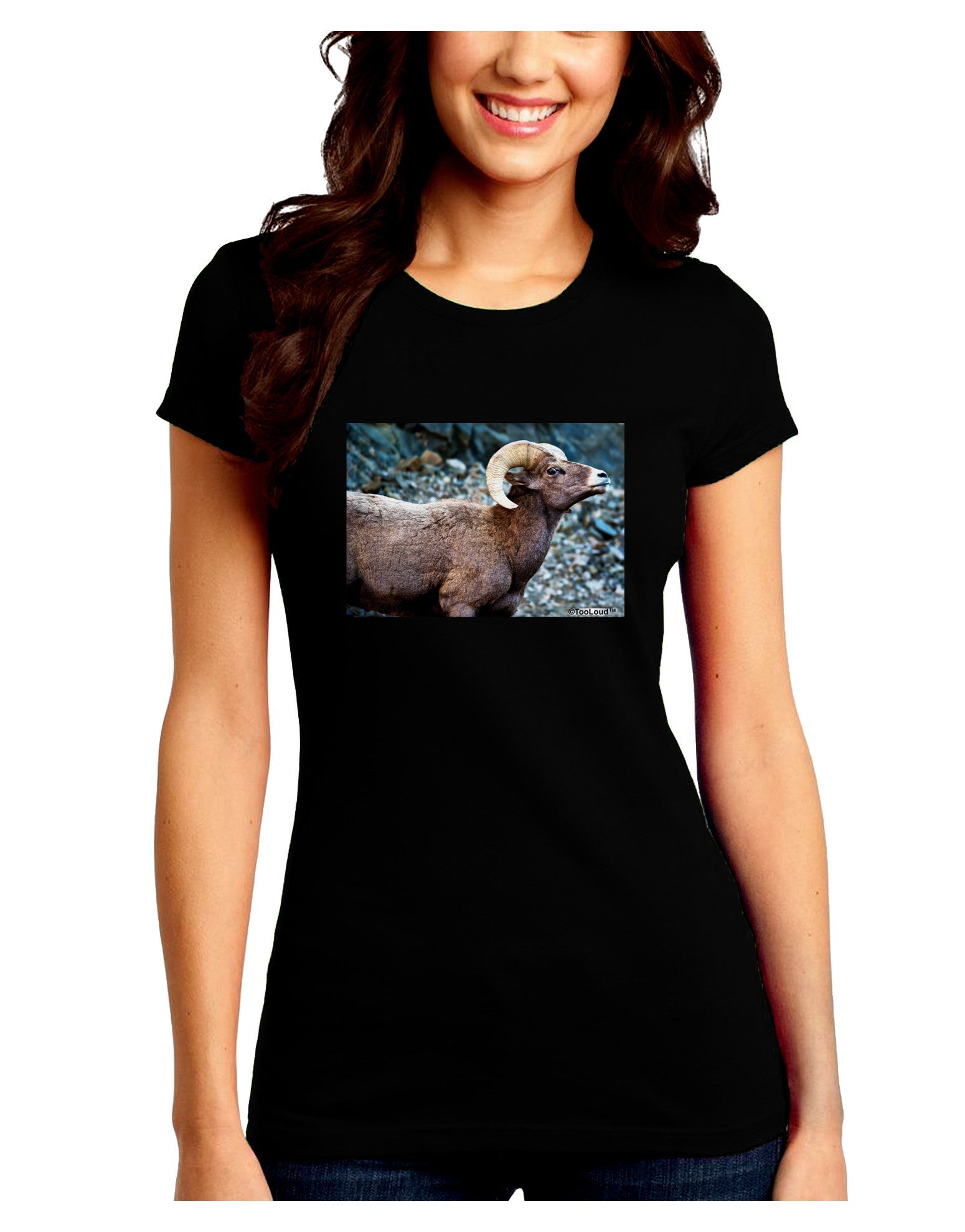 TooLoud Wide Eyed Big Horn Juniors Petite Crew Dark T-Shirt-T-Shirts Juniors Tops-TooLoud-Black-Juniors Fitted Small-Davson Sales