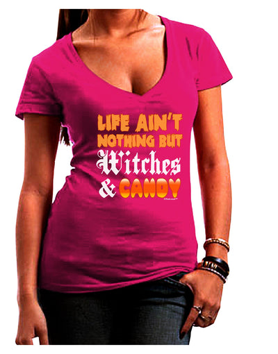 TooLoud Witches and Candy Color Juniors V-Neck Dark T-Shirt-Womens V-Neck T-Shirts-TooLoud-Hot-Pink-Juniors Fitted Small-Davson Sales