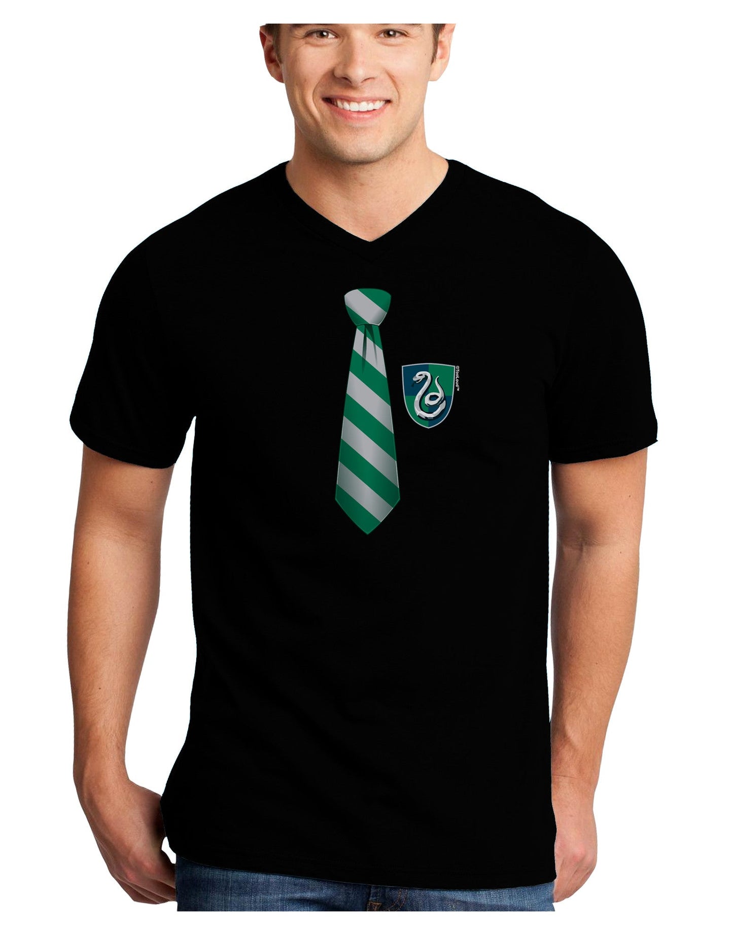 TooLoud Wizard Tie Green and Silver Adult Dark V-Neck T-Shirt-TooLoud-Black-Small-Davson Sales